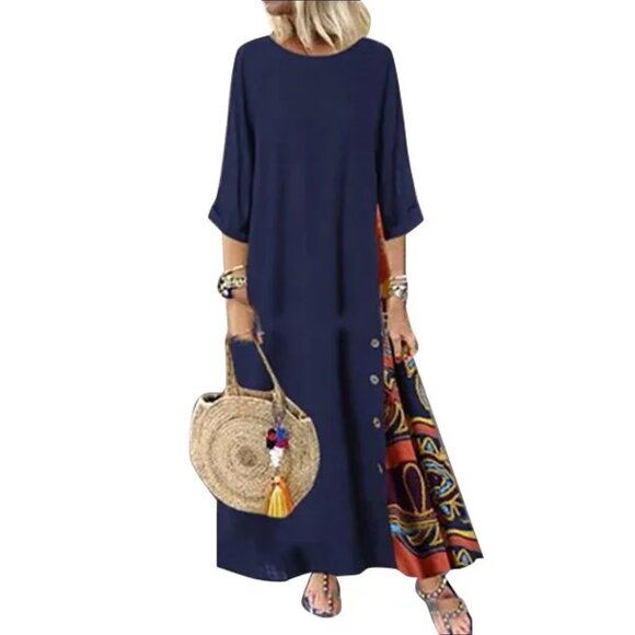 2/$40 Navy Blue Maxi A-Line Dress with Patterned Panel 3/4 Sleeve Plus Size 2XL - Picture 5 of 5